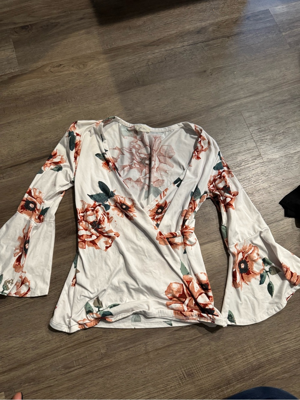 Floral Wrap V-Neck Bell Sleeve Top - White with Rust Floral